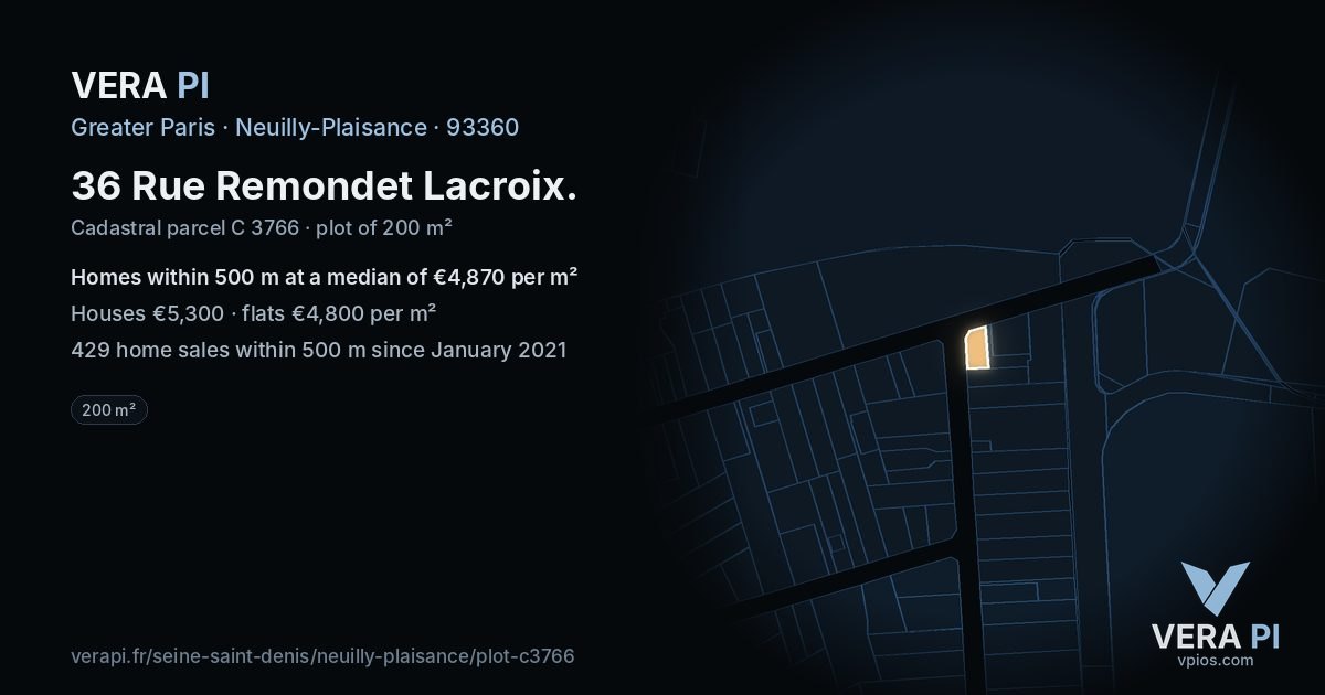36 Rue Remondet Lacroix, Neuilly-Plaisance at night – the plot lit, the parcels around coloured by the prices near them