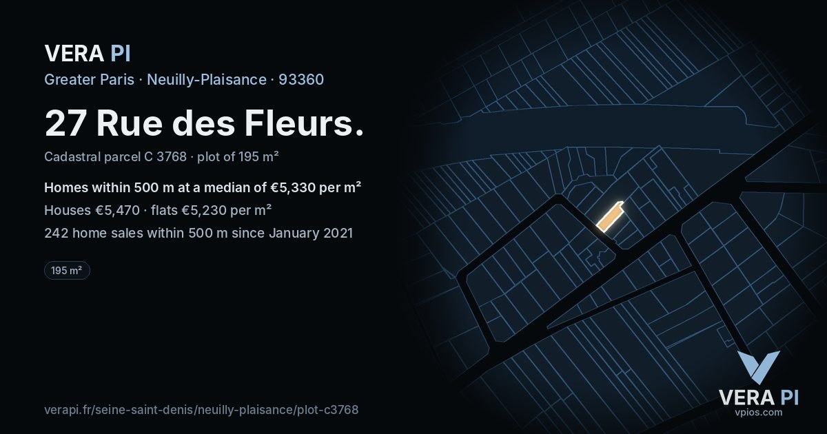 27 Rue des Fleurs, Neuilly-Plaisance at night – the plot lit, the parcels around coloured by the prices near them