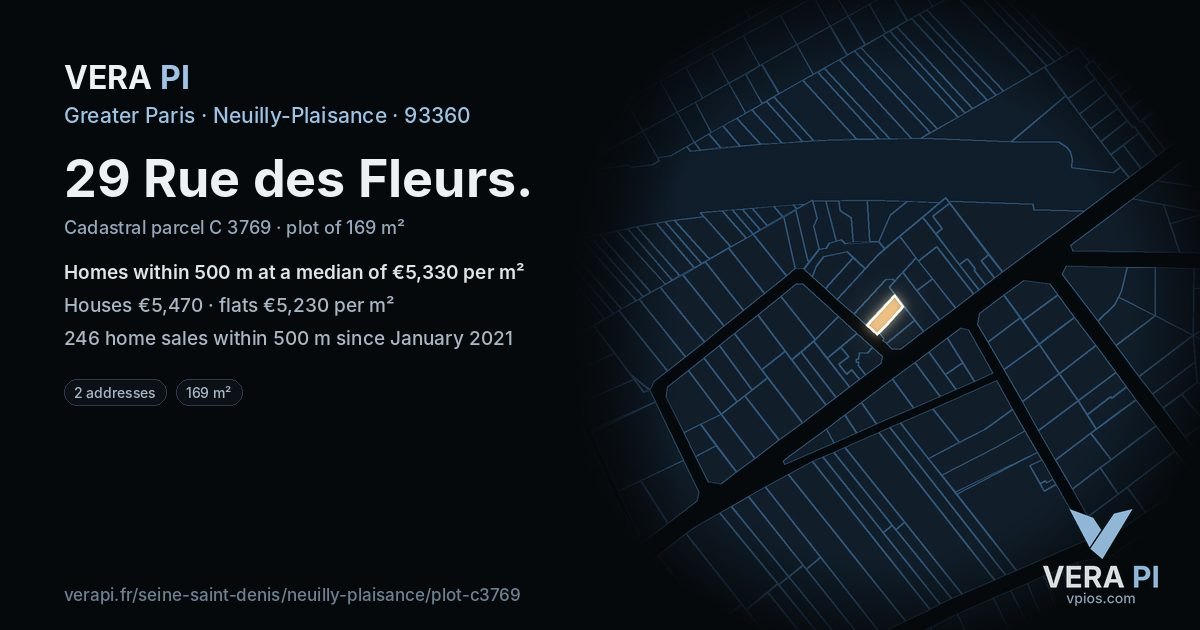 29 Rue des Fleurs, Neuilly-Plaisance at night – the plot lit, the parcels around coloured by the prices near them
