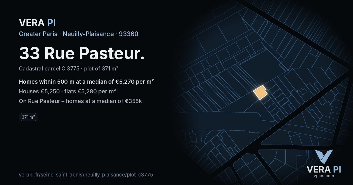 33 Rue Pasteur, Neuilly-Plaisance at night – the plot lit, the parcels around coloured by the prices near them