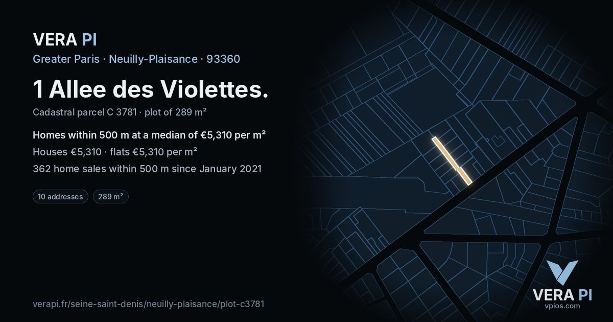 1 Allee des Violettes, Neuilly-Plaisance at night – the plot lit, the parcels around coloured by the prices near them