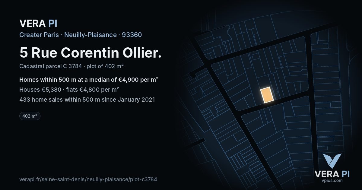 5 Rue Corentin Ollier, Neuilly-Plaisance at night – the plot lit, the parcels around coloured by the prices near them