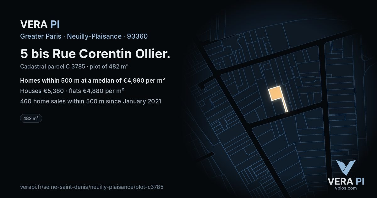 5 bis Rue Corentin Ollier, Neuilly-Plaisance at night – the plot lit, the parcels around coloured by the prices near them