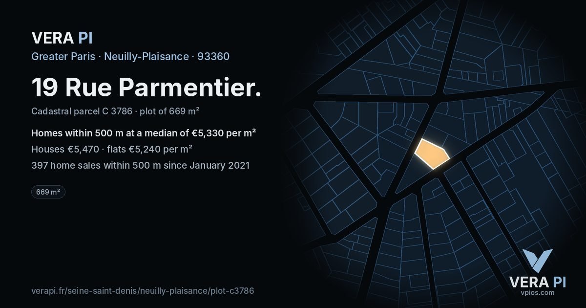 19 Rue Parmentier, Neuilly-Plaisance at night – the plot lit, the parcels around coloured by the prices near them
