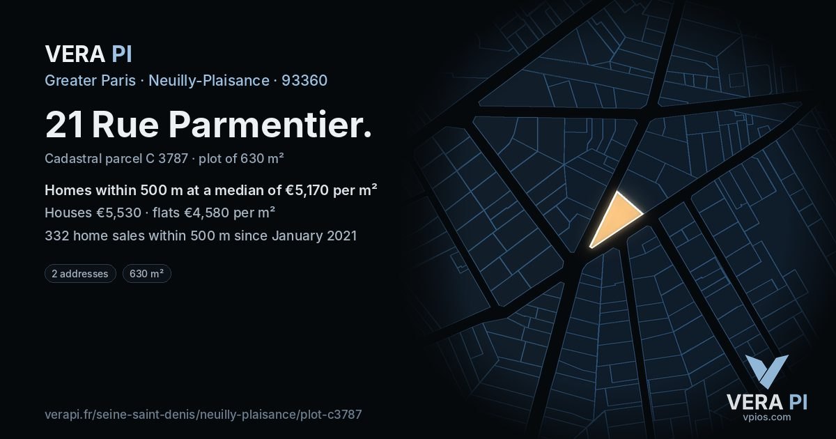 21 Rue Parmentier, Neuilly-Plaisance at night – the plot lit, the parcels around coloured by the prices near them
