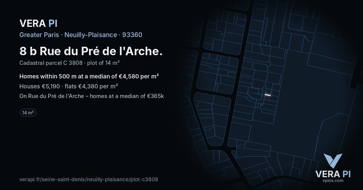 8 b Rue du Pré de l'Arche, Neuilly-Plaisance at night – the plot lit, the parcels around coloured by the prices near them