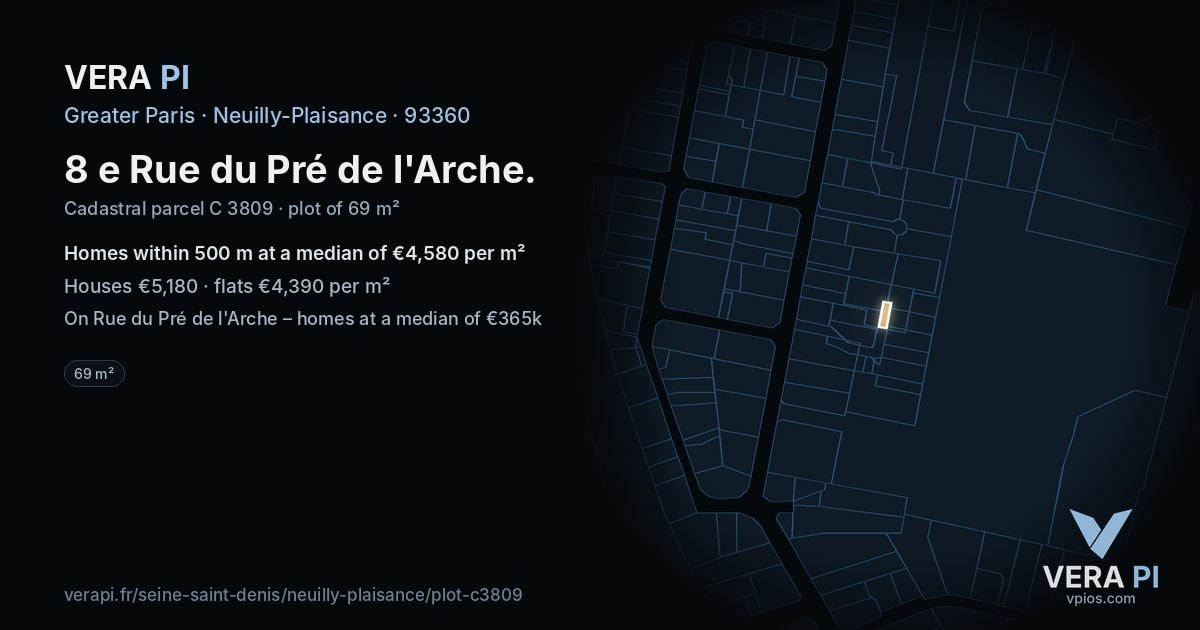 8 e Rue du Pré de l'Arche, Neuilly-Plaisance at night – the plot lit, the parcels around coloured by the prices near them