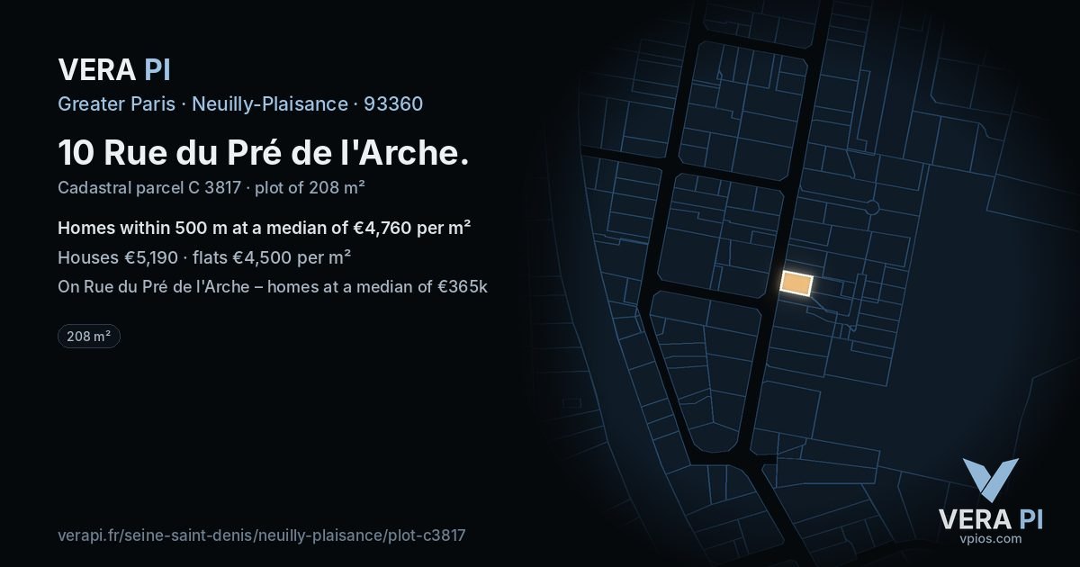 10 Rue du Pré de l'Arche, Neuilly-Plaisance at night – the plot lit, the parcels around coloured by the prices near them