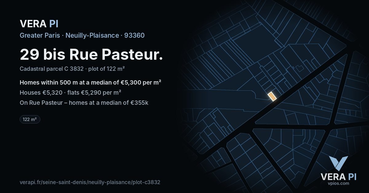 29 bis Rue Pasteur, Neuilly-Plaisance at night – the plot lit, the parcels around coloured by the prices near them