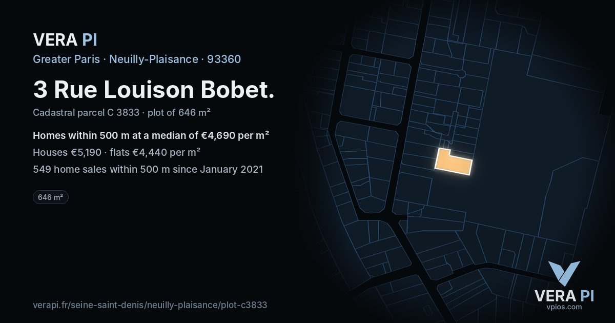 3 Rue Louison Bobet, Neuilly-Plaisance at night – the plot lit, the parcels around coloured by the prices near them