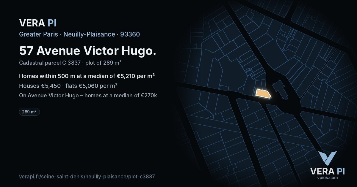 57 Avenue Victor Hugo, Neuilly-Plaisance at night – the plot lit, the parcels around coloured by the prices near them