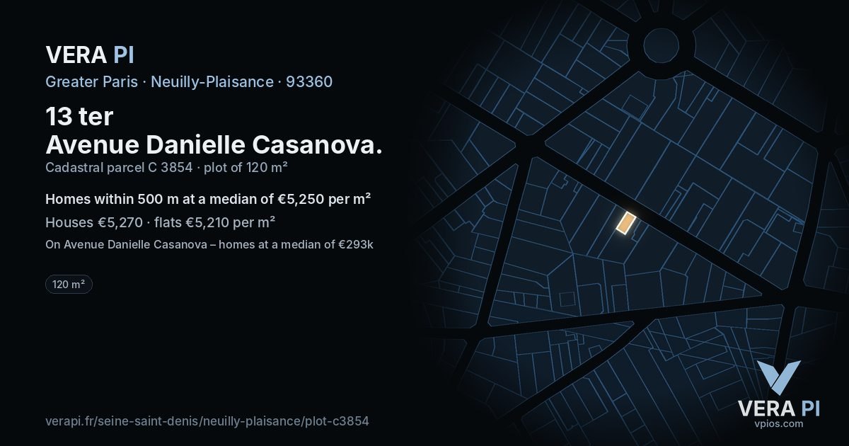 13 ter Avenue Danielle Casanova, Neuilly-Plaisance at night – the plot lit, the parcels around coloured by the prices near them