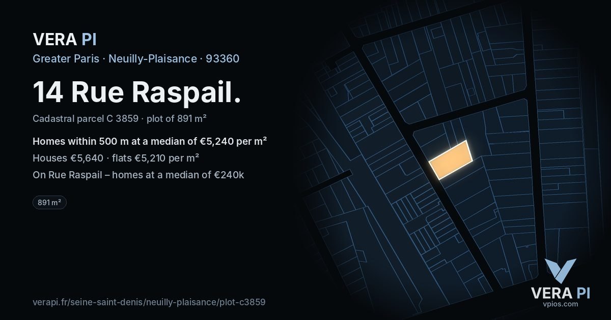 14 Rue Raspail, Neuilly-Plaisance at night – the plot lit, the parcels around coloured by the prices near them