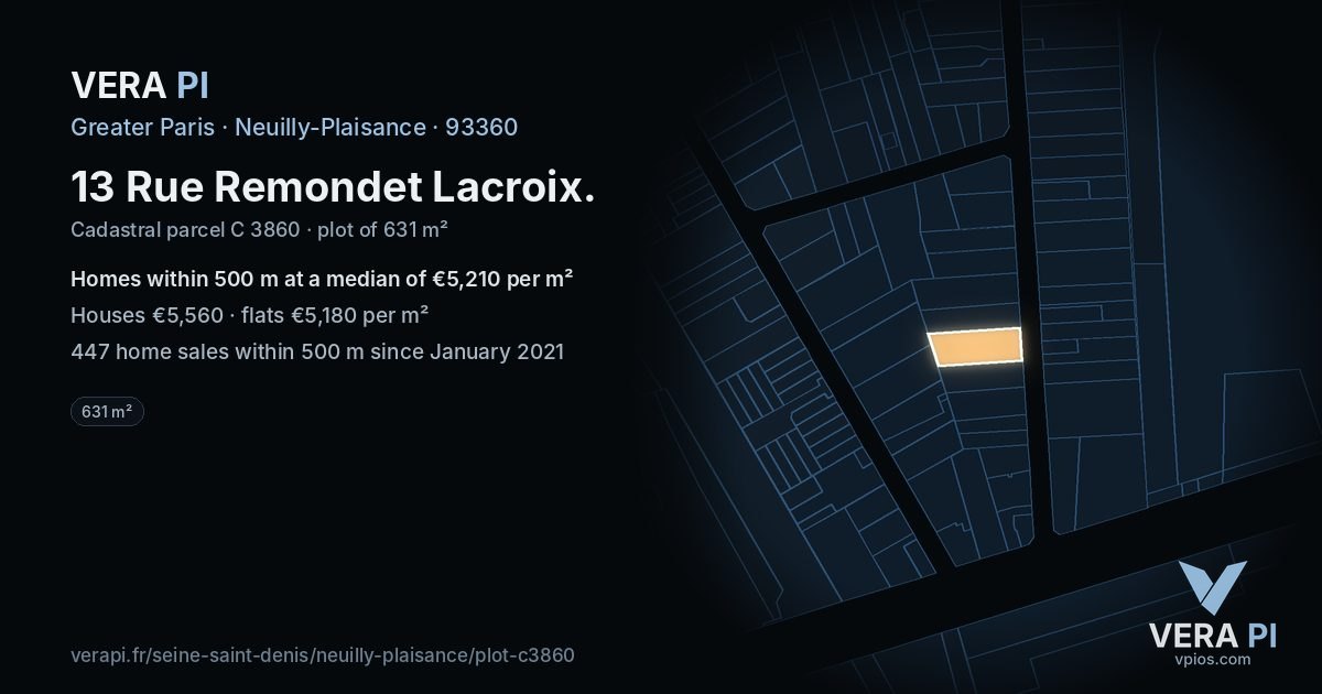 13 Rue Remondet Lacroix, Neuilly-Plaisance at night – the plot lit, the parcels around coloured by the prices near them