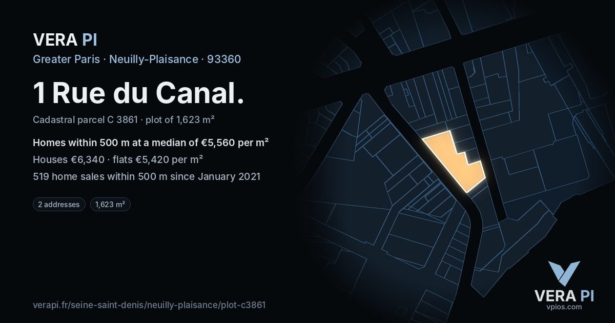 1 Rue du Canal, Neuilly-Plaisance at night – the plot lit, the parcels around coloured by the prices near them