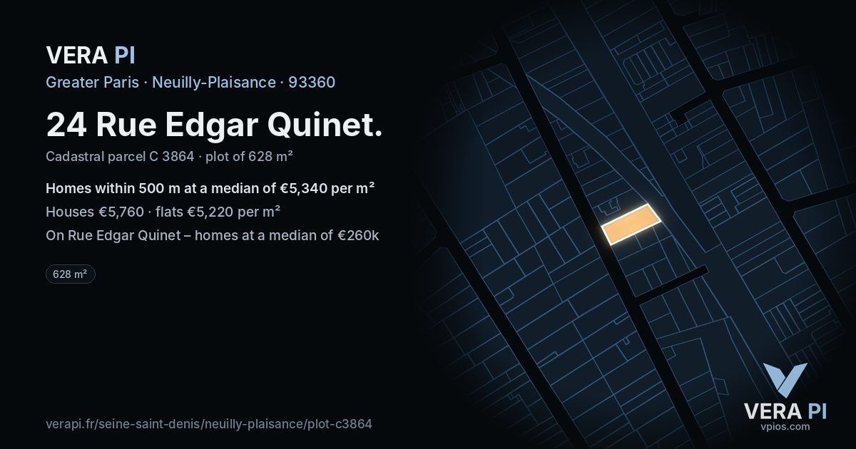 24 Rue Edgar Quinet, Neuilly-Plaisance at night – the plot lit, the parcels around coloured by the prices near them