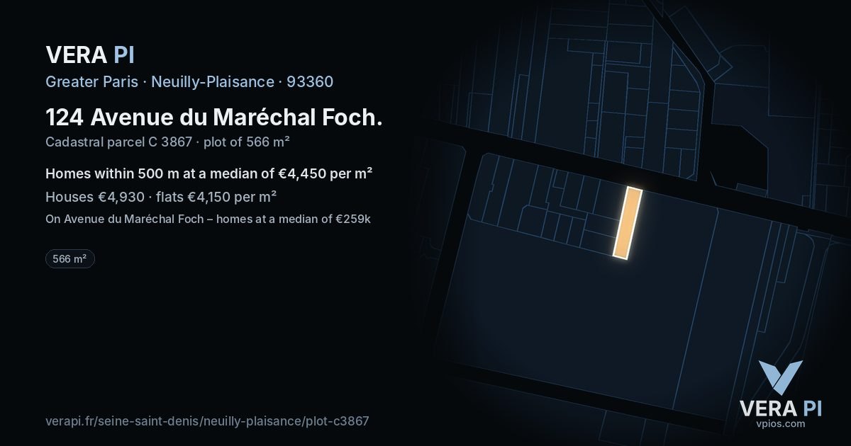 124 Avenue du Maréchal Foch, Neuilly-Plaisance at night – the plot lit, the parcels around coloured by the prices near them