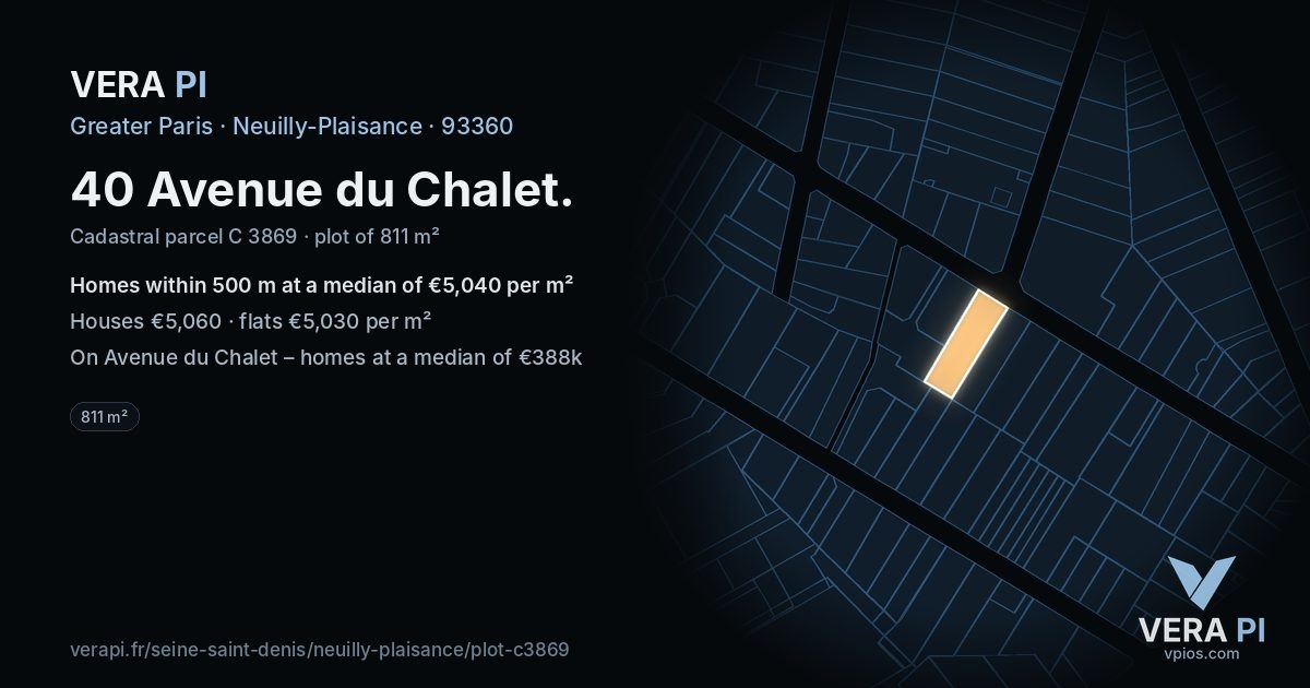 40 Avenue du Chalet, Neuilly-Plaisance at night – the plot lit, the parcels around coloured by the prices near them