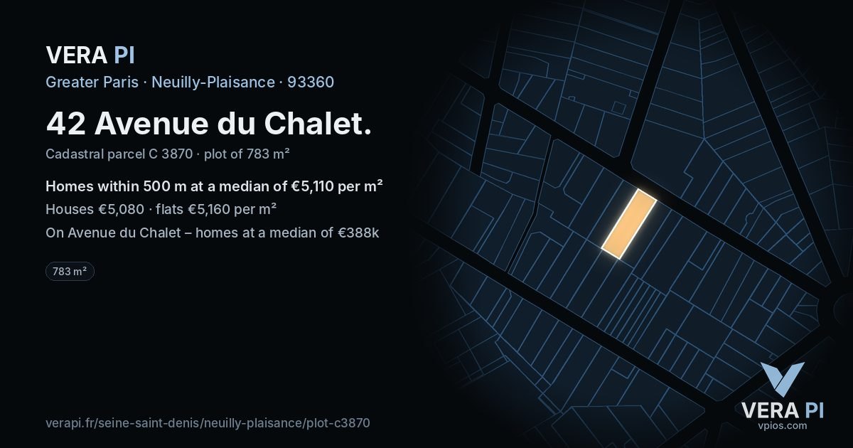42 Avenue du Chalet, Neuilly-Plaisance at night – the plot lit, the parcels around coloured by the prices near them