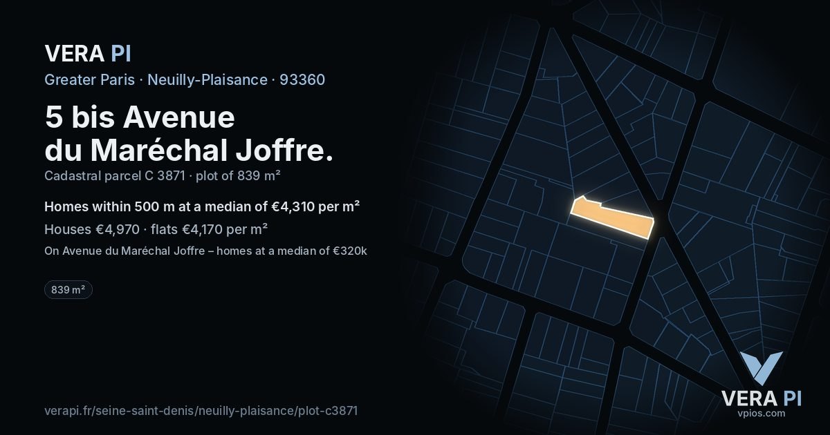 5 bis Avenue du Maréchal Joffre, Neuilly-Plaisance at night – the plot lit, the parcels around coloured by the prices near them