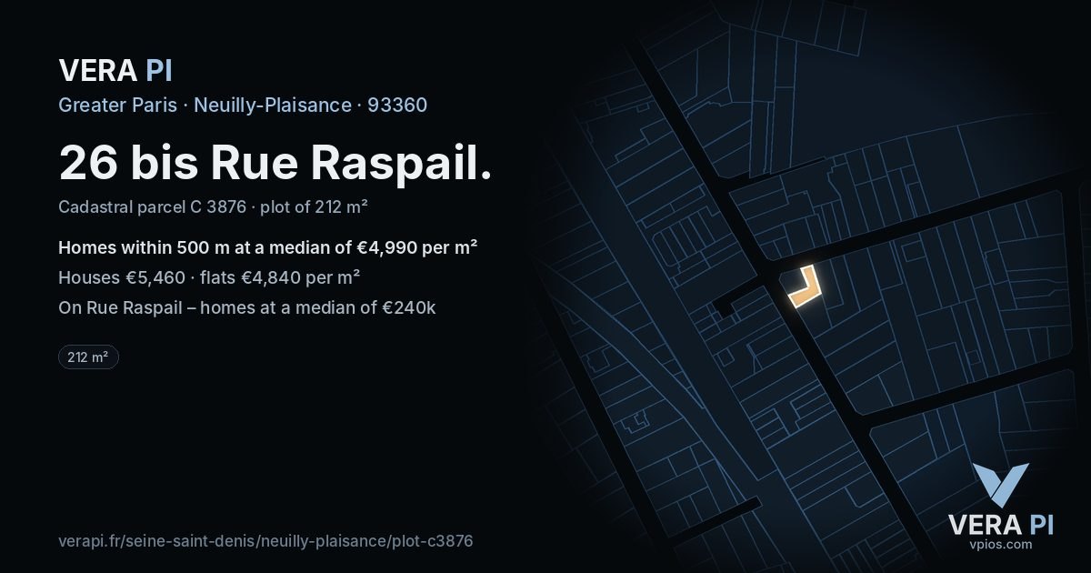26 bis Rue Raspail, Neuilly-Plaisance at night – the plot lit, the parcels around coloured by the prices near them