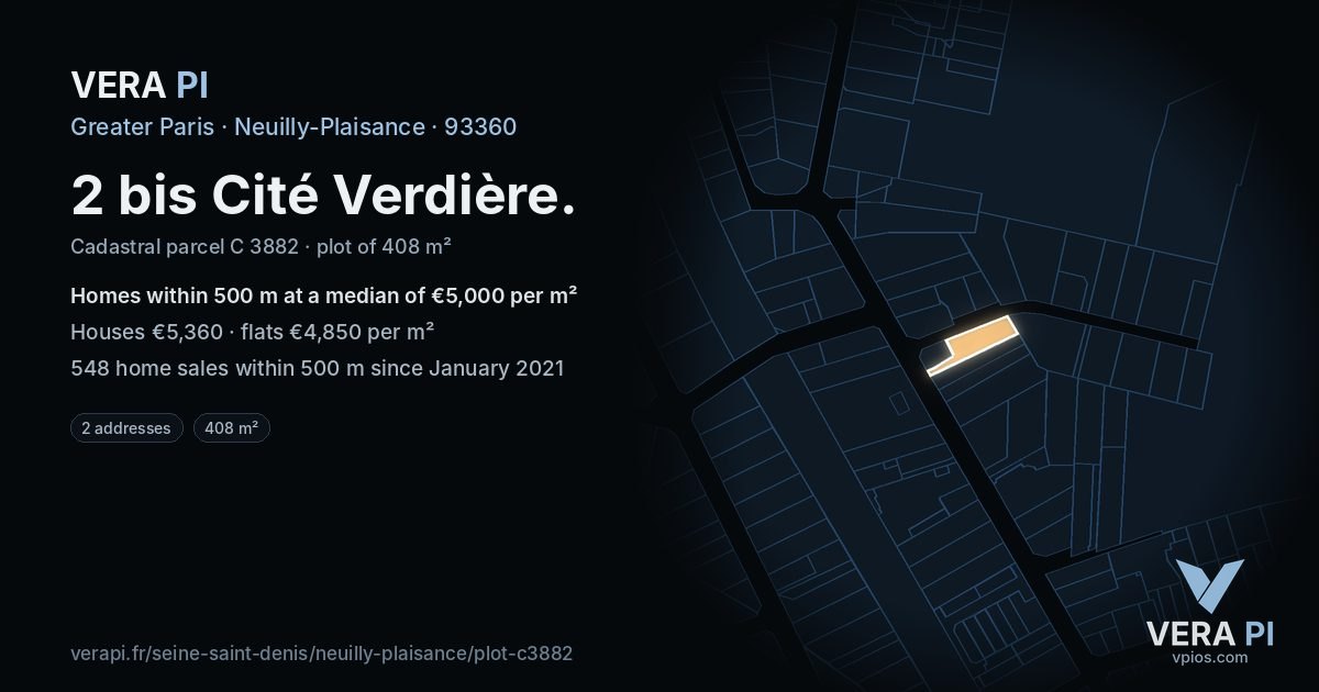 2 bis Cité Verdière, Neuilly-Plaisance at night – the plot lit, the parcels around coloured by the prices near them