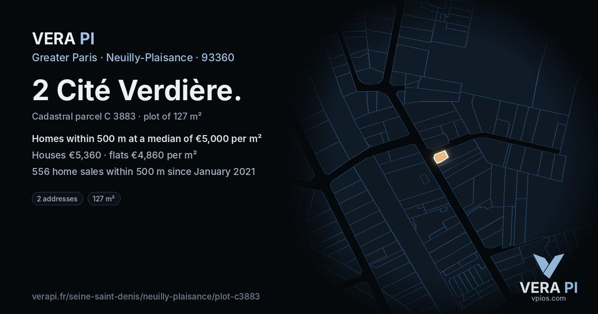 2 Cité Verdière, Neuilly-Plaisance at night – the plot lit, the parcels around coloured by the prices near them