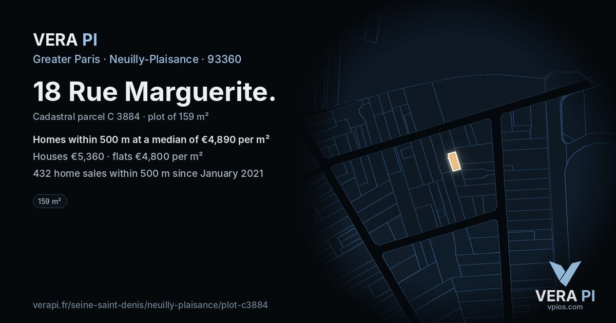 18 Rue Marguerite, Neuilly-Plaisance at night – the plot lit, the parcels around coloured by the prices near them