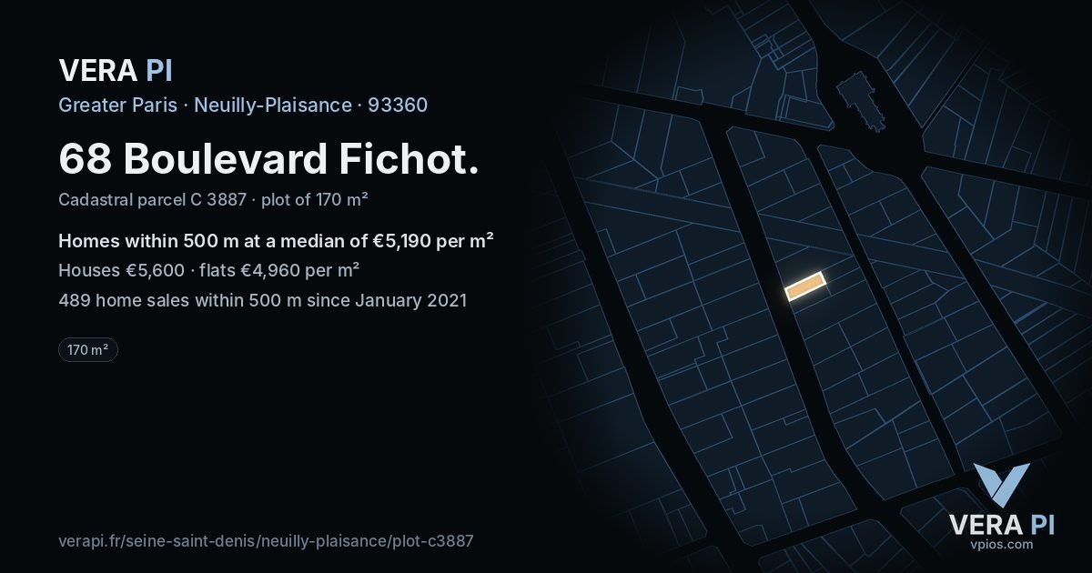 68 Boulevard Fichot, Neuilly-Plaisance at night – the plot lit, the parcels around coloured by the prices near them