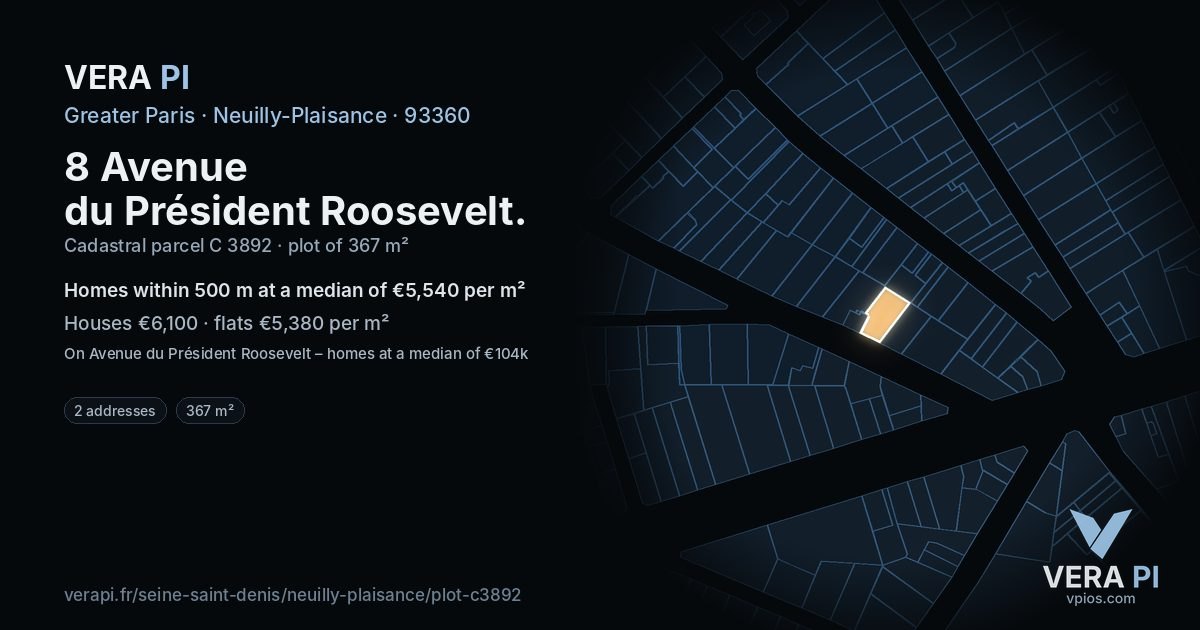 8 Avenue du Président Roosevelt, Neuilly-Plaisance at night – the plot lit, the parcels around coloured by the prices near them