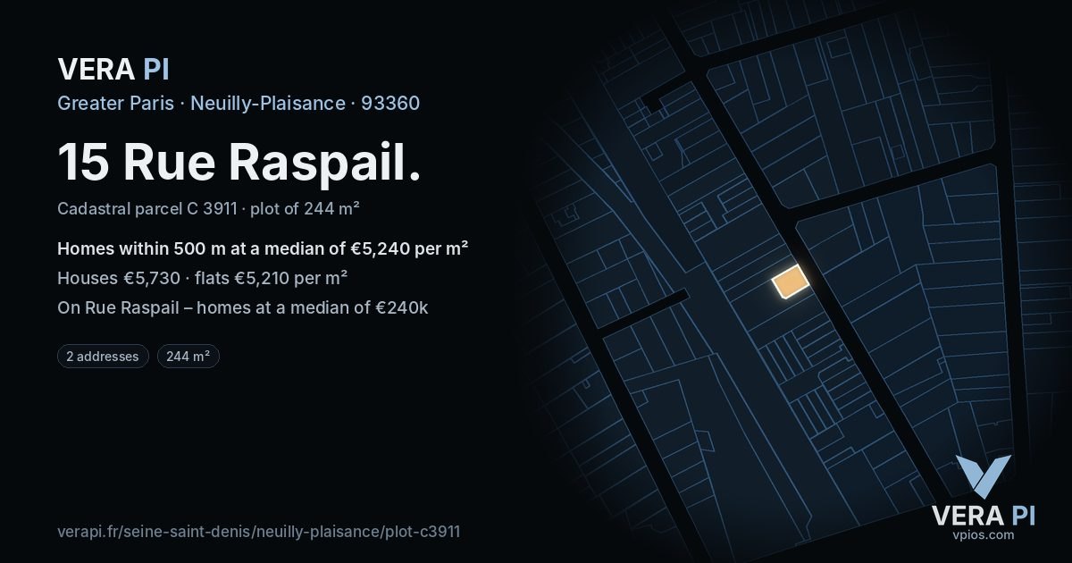 15 Rue Raspail, Neuilly-Plaisance at night – the plot lit, the parcels around coloured by the prices near them