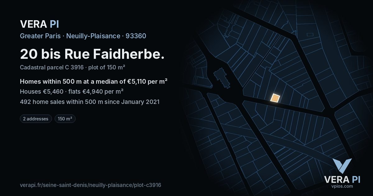 20 bis Rue Faidherbe, Neuilly-Plaisance at night – the plot lit, the parcels around coloured by the prices near them