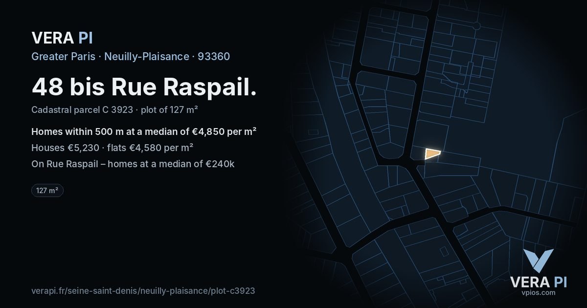 48 bis Rue Raspail, Neuilly-Plaisance at night – the plot lit, the parcels around coloured by the prices near them