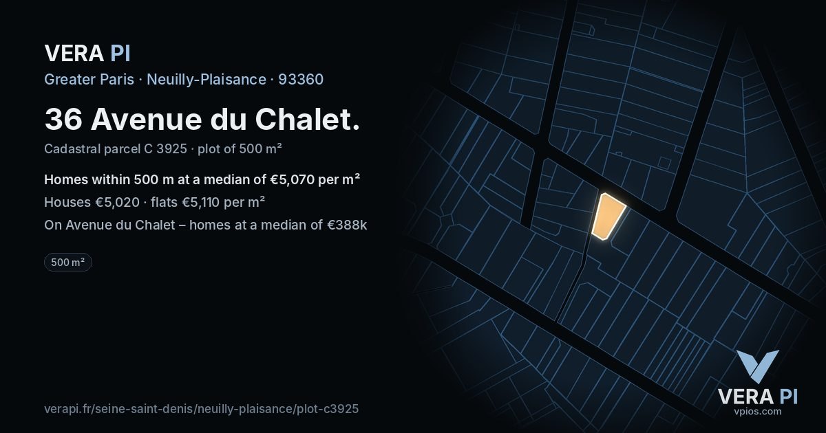 36 Avenue du Chalet, Neuilly-Plaisance at night – the plot lit, the parcels around coloured by the prices near them