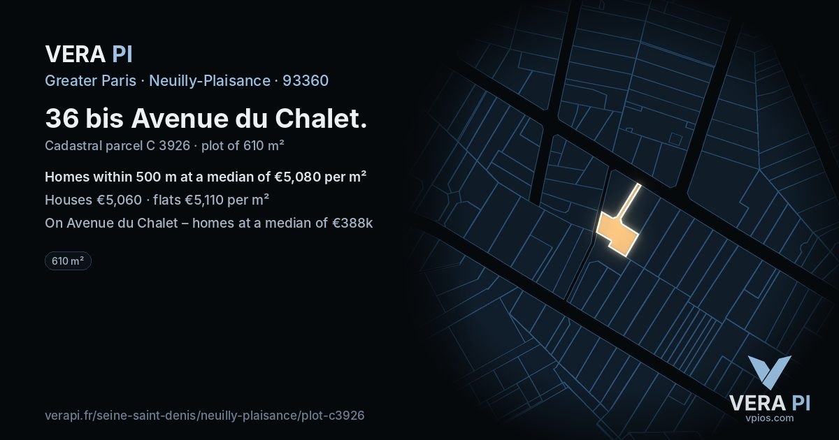 36 bis Avenue du Chalet, Neuilly-Plaisance at night – the plot lit, the parcels around coloured by the prices near them