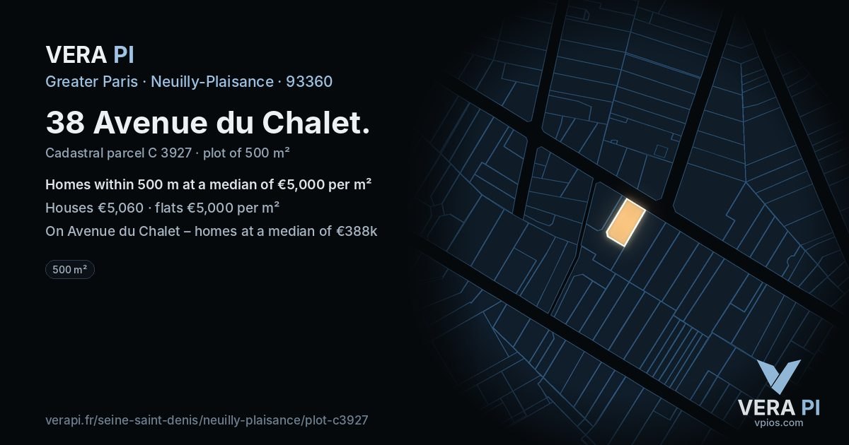 38 Avenue du Chalet, Neuilly-Plaisance at night – the plot lit, the parcels around coloured by the prices near them