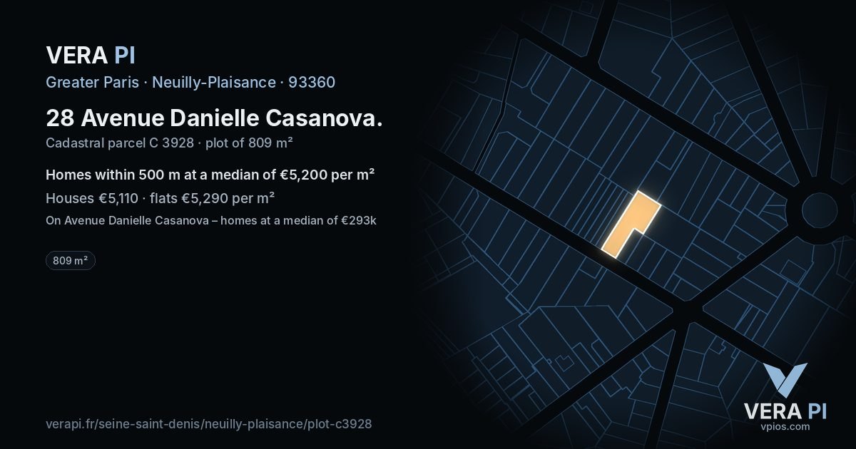 28 Avenue Danielle Casanova, Neuilly-Plaisance at night – the plot lit, the parcels around coloured by the prices near them