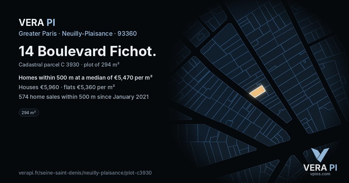 14 Boulevard Fichot, Neuilly-Plaisance at night – the plot lit, the parcels around coloured by the prices near them