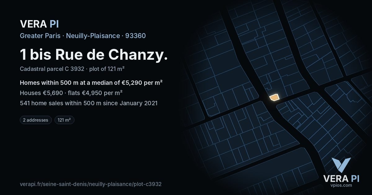 1 bis Rue de Chanzy, Neuilly-Plaisance at night – the plot lit, the parcels around coloured by the prices near them