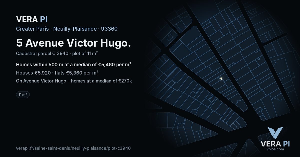 5 Avenue Victor Hugo, Neuilly-Plaisance at night – the plot lit, the parcels around coloured by the prices near them