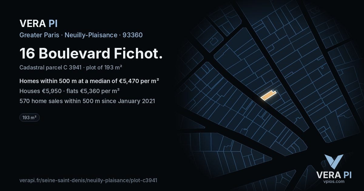 16 Boulevard Fichot, Neuilly-Plaisance at night – the plot lit, the parcels around coloured by the prices near them