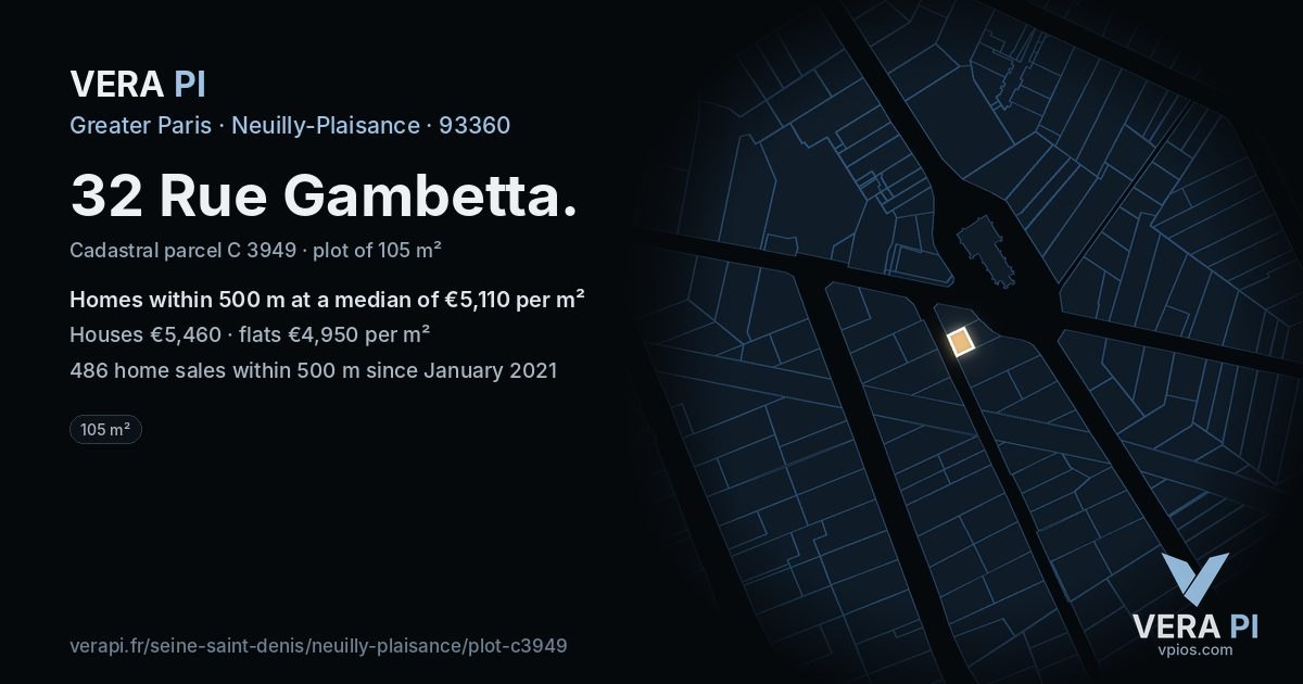 32 Rue Gambetta, Neuilly-Plaisance at night – the plot lit, the parcels around coloured by the prices near them