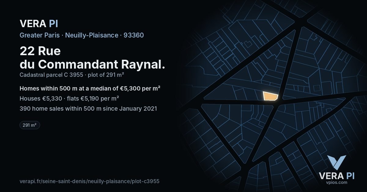 22 Rue du Commandant Raynal, Neuilly-Plaisance at night – the plot lit, the parcels around coloured by the prices near them