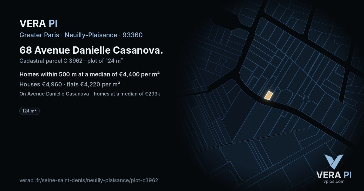 68 Avenue Danielle Casanova, Neuilly-Plaisance at night – the plot lit, the parcels around coloured by the prices near them