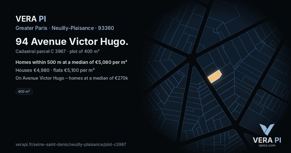 94 Avenue Victor Hugo, Neuilly-Plaisance at night – the plot lit, the parcels around coloured by the prices near them