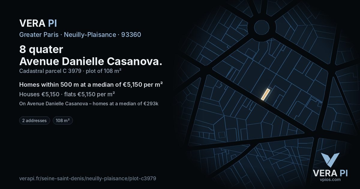 8 quater Avenue Danielle Casanova, Neuilly-Plaisance at night – the plot lit, the parcels around coloured by the prices near them