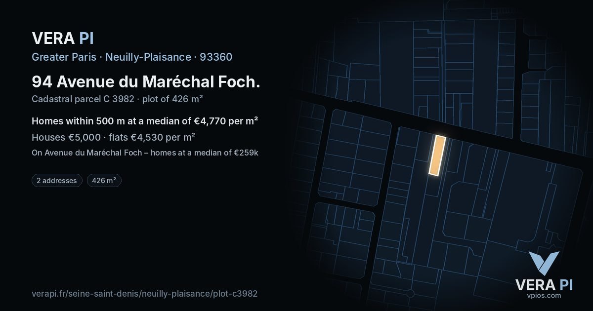 94 Avenue du Maréchal Foch, Neuilly-Plaisance at night – the plot lit, the parcels around coloured by the prices near them