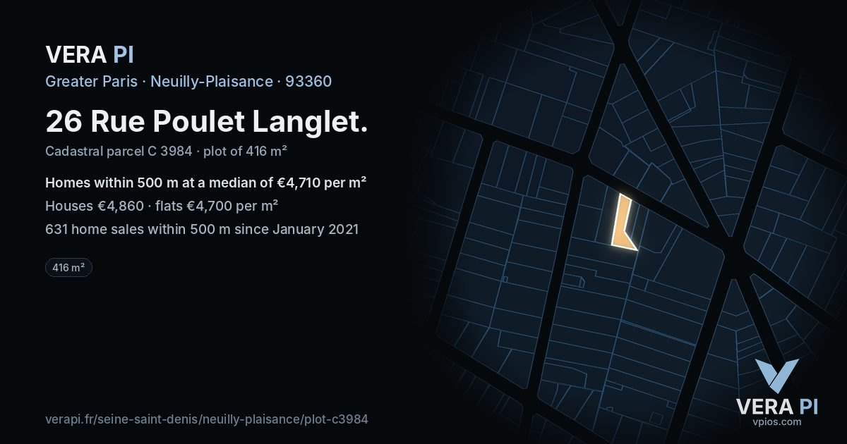 26 Rue Poulet Langlet, Neuilly-Plaisance at night – the plot lit, the parcels around coloured by the prices near them