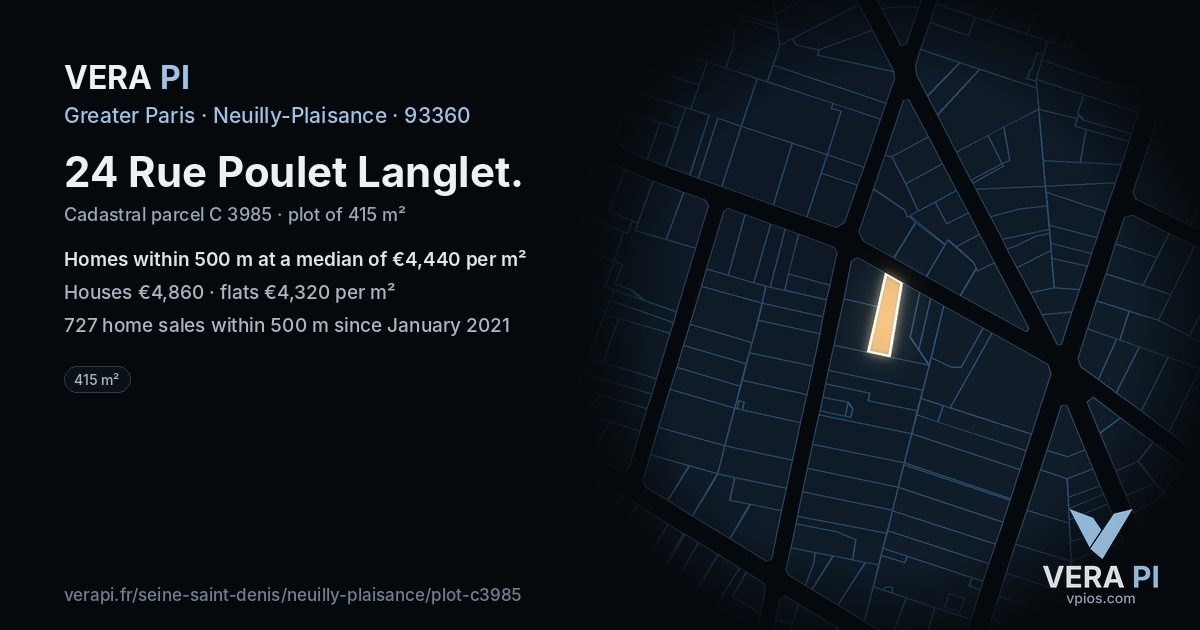 24 Rue Poulet Langlet, Neuilly-Plaisance at night – the plot lit, the parcels around coloured by the prices near them