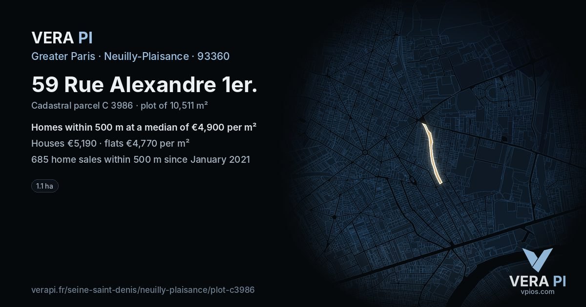 59 Rue Alexandre 1er, Neuilly-Plaisance at night – the plot lit, the parcels around coloured by the prices near them